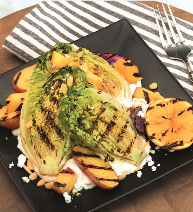 Grilled Romaine and Stone Fruit Salad with Feta Spread