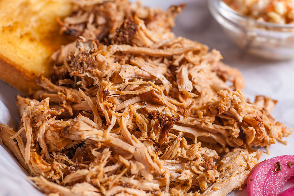 Close up of pulled pork sandwich