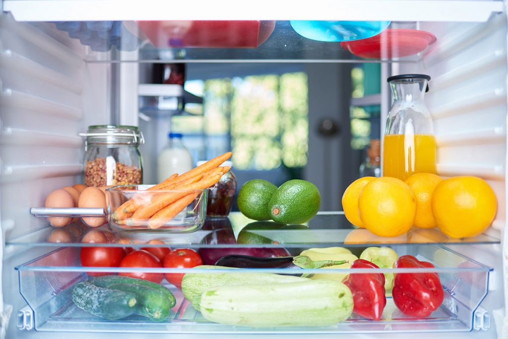 Close up of produce in the refrigerator