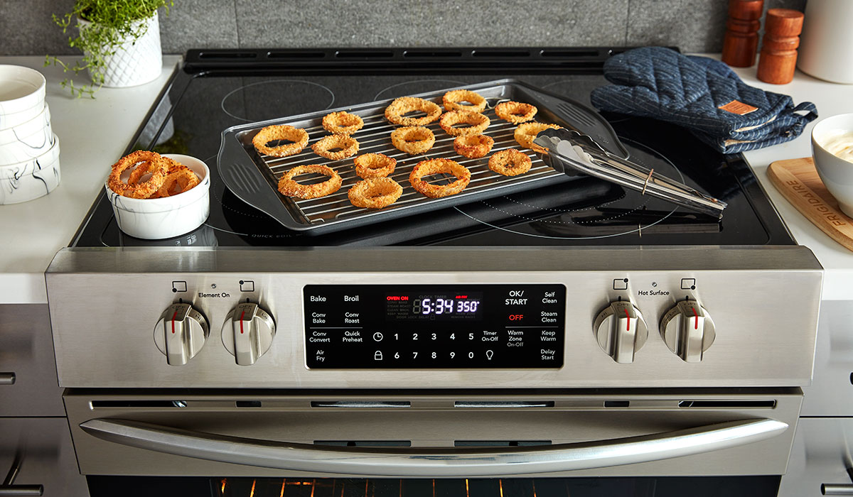 Pan of crunchy onion rings on Frigidaire Air Fry range