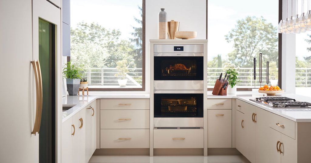 Wolf kitchen with double ovens and cooktop