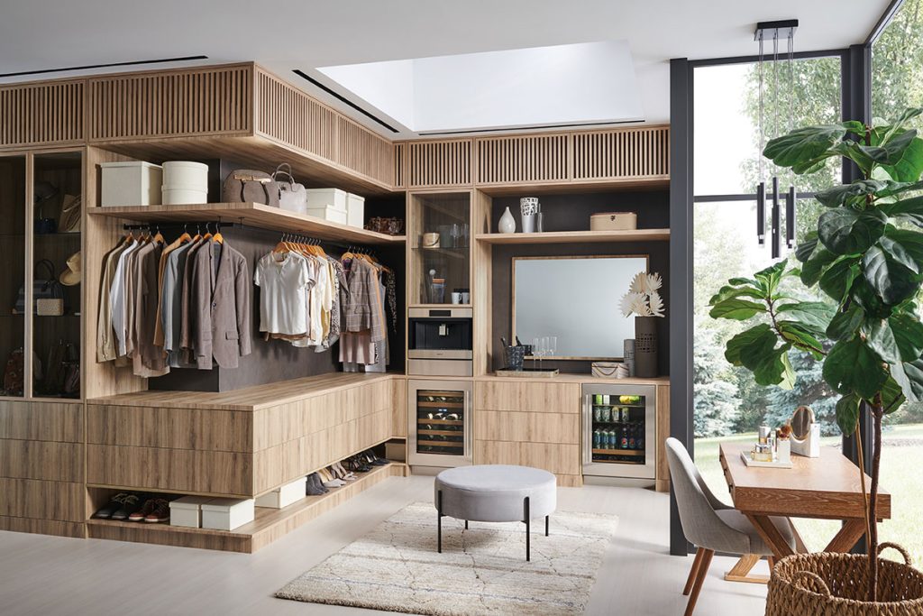 Sub-Zero undercounter wine storage and beverage center placed in master closet