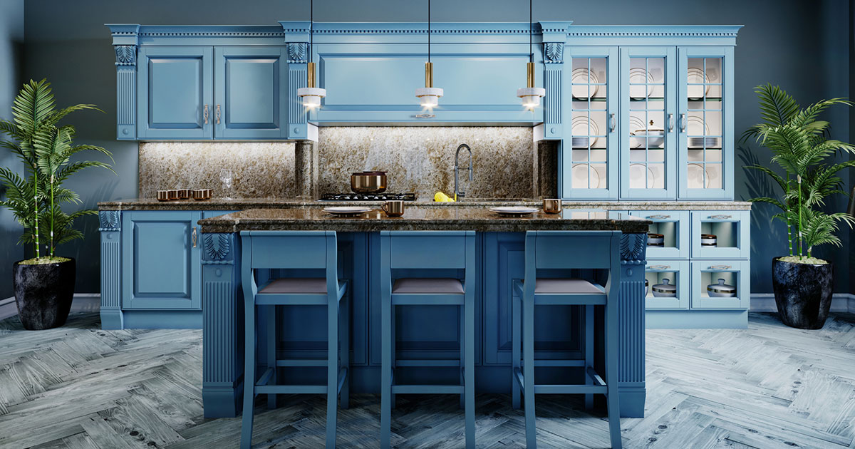 kitchen with blue cabinets