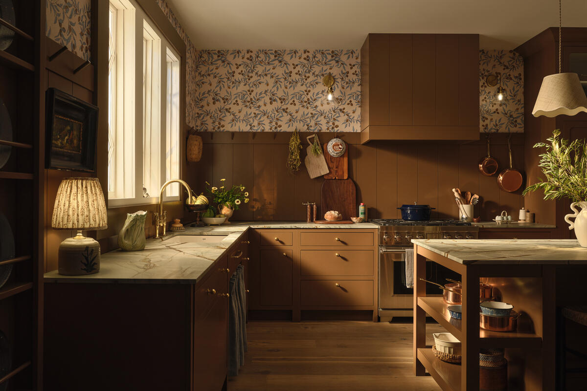 Sub-Zero Wolf Cove kitchen with brown cabinets.